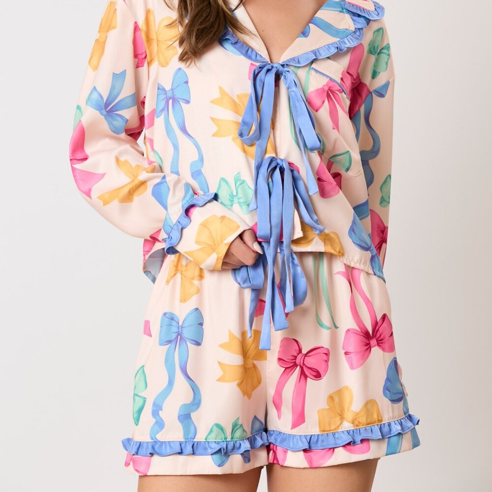 NWT Peach Love Cream Multi Color Ribbon Bow Printed Pajama Set
